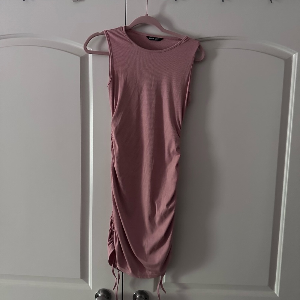 Pink Drawstring Ruched Side Bodycon Ribbed Dress